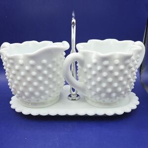 Fenton White Hobnail Milk Glass Creamer and Sugar Set With Tray